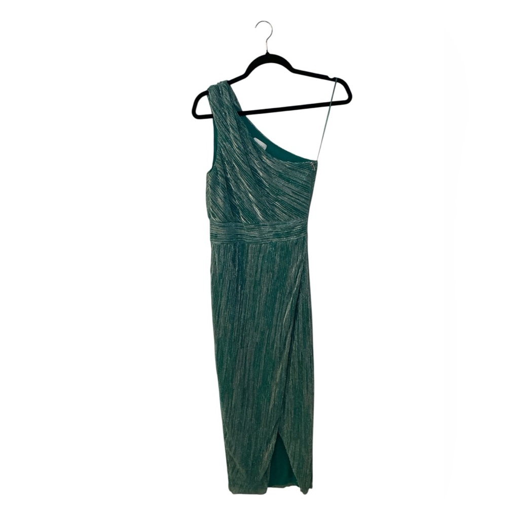Saylor Alorna One-Shoulder Jade Metallic Pleat Midi Dress - Picture 2 of 6